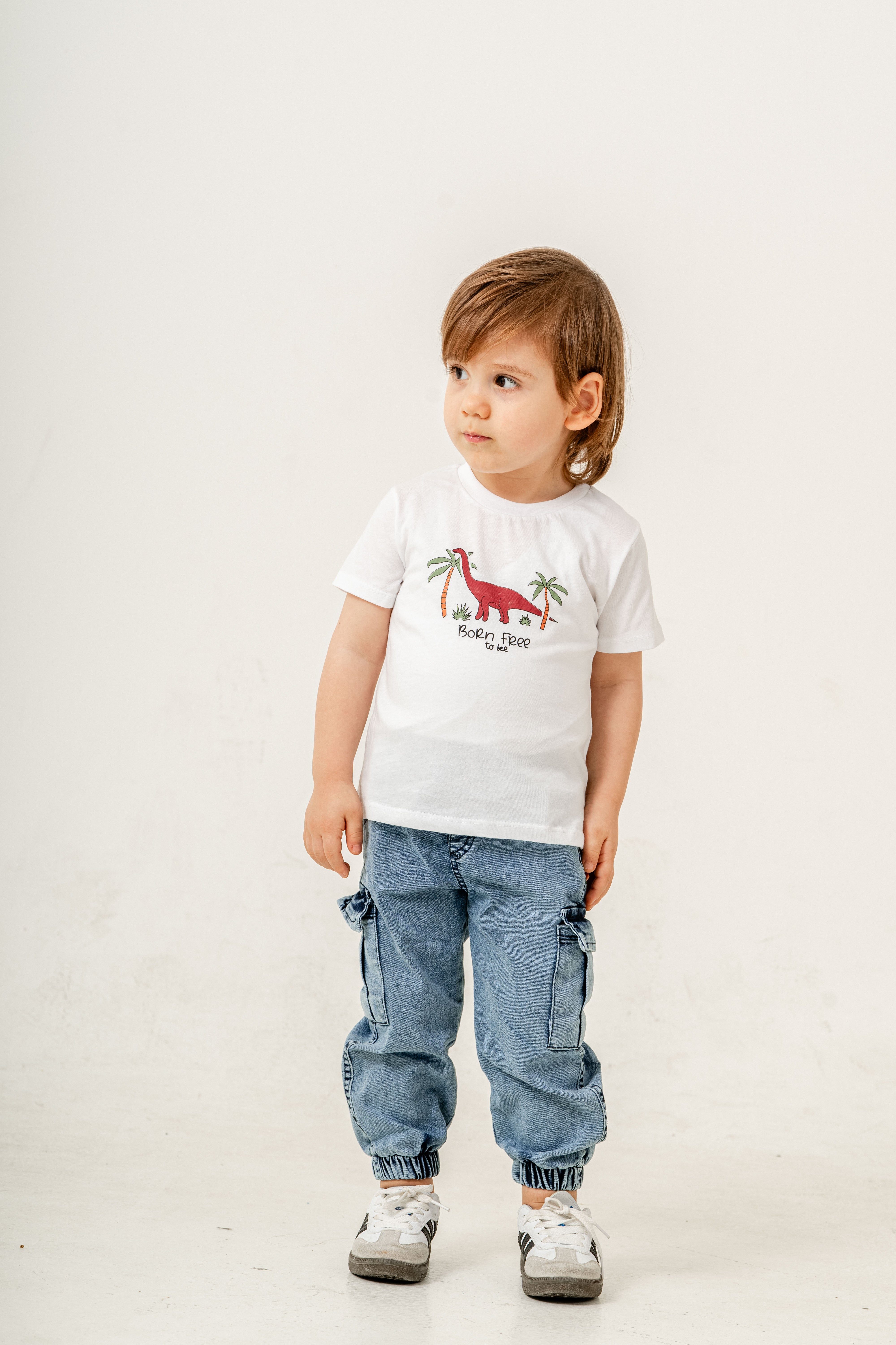 Erkek Bebek Takım Dinozor Desenli Rüzgarlık Ceket Baskılı Tişört ve Cepli Jogger Kot Pantolon Kombini 9-24 Ay
